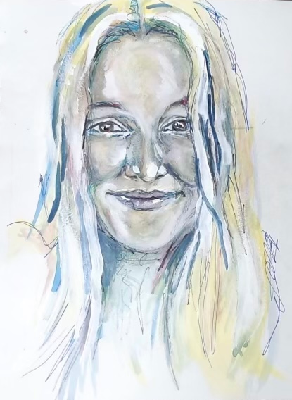 Painting of Dana using varying shades of blue and yellow.